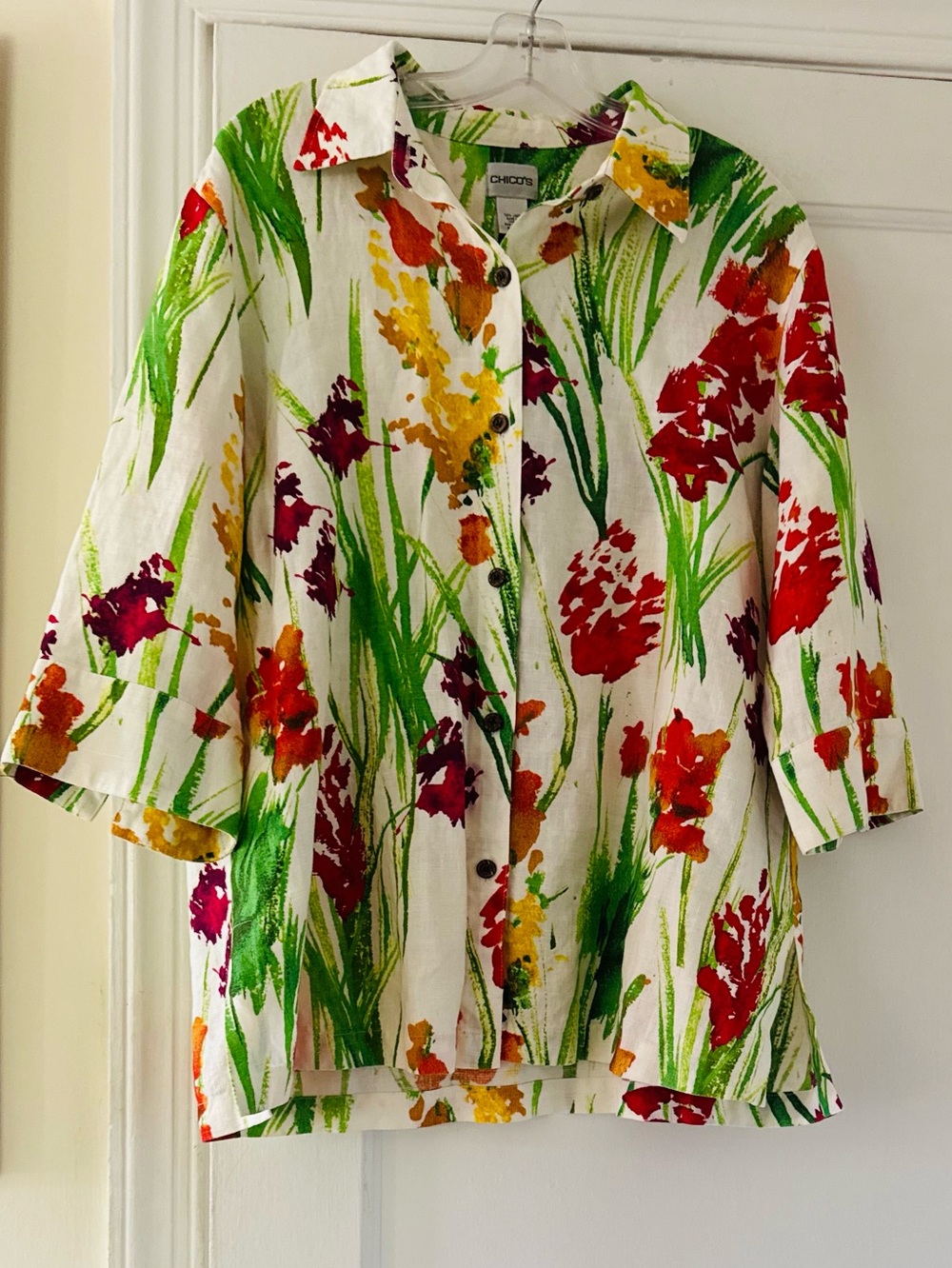 Chico's Button-Front Floral Linen Shirt